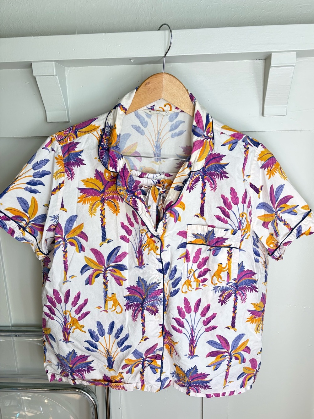 Tropical Palm Short Pajama Set in Cream with Purple & Yellow Print - Picture 2 of 10